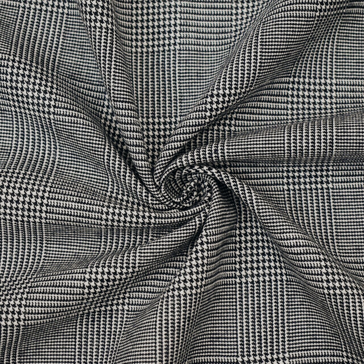 Black-White Wool-Polyester Glen Plaid Woven Suiting Fabric By the Yard